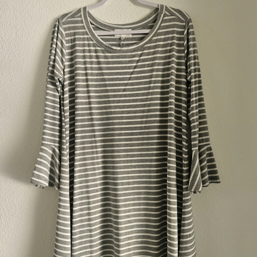 Women's Gray & White Striped Midi Dress with Bell Sleeves